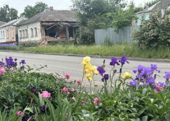 На фото: Редакційна клумба газети «Білопільщина» і напроти – зруйнований будинок, якому більше 200 років. В ньому раніше жили німецькі пивовари, які мали у Білопіллі власні заводи. Фото Наталії Калініченко.